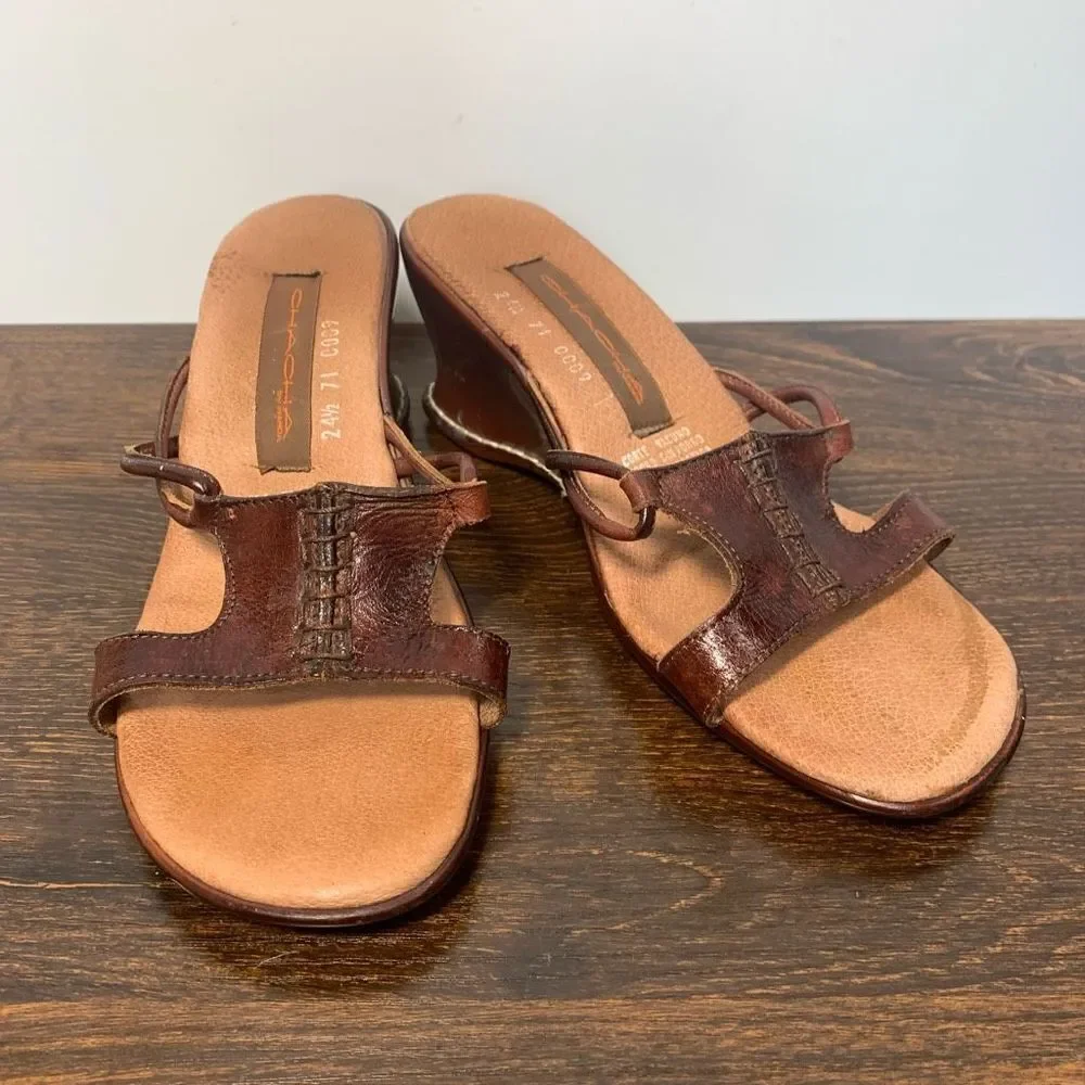 Chacha brown leather open toe mule, slip on size 8/24.5 ￼